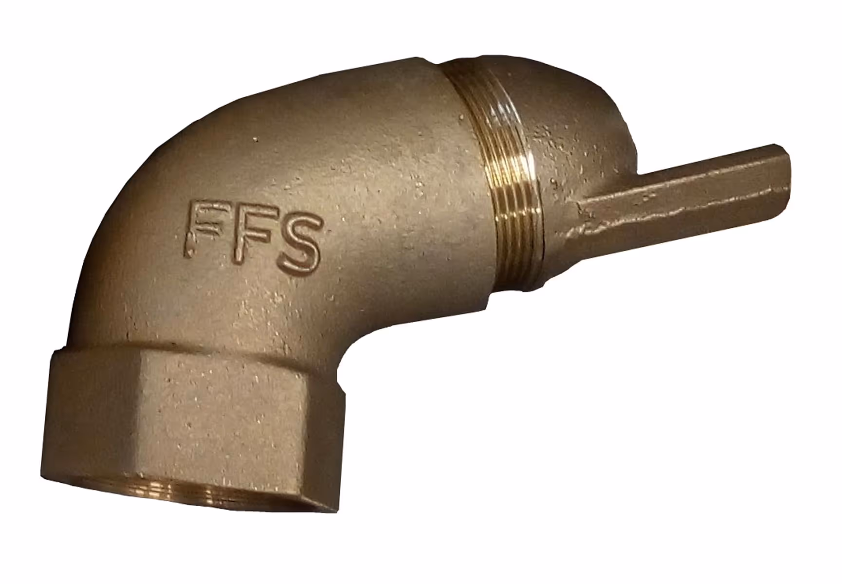 Brass 90-degree pipe elbow fitting with hexagonal nut and the letters 'FFS' embossed on the side.