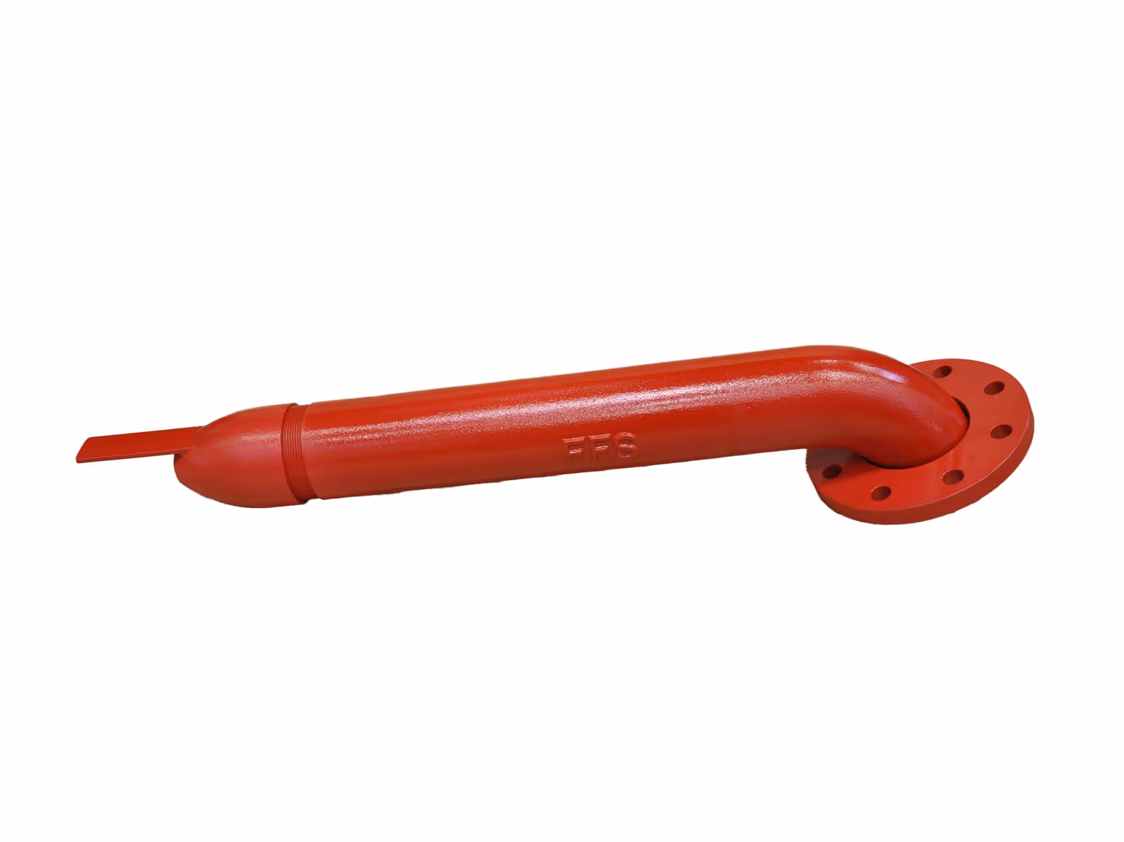 Red industrial pipe with a flange and a flat paddle-like end, isolated on white background.
