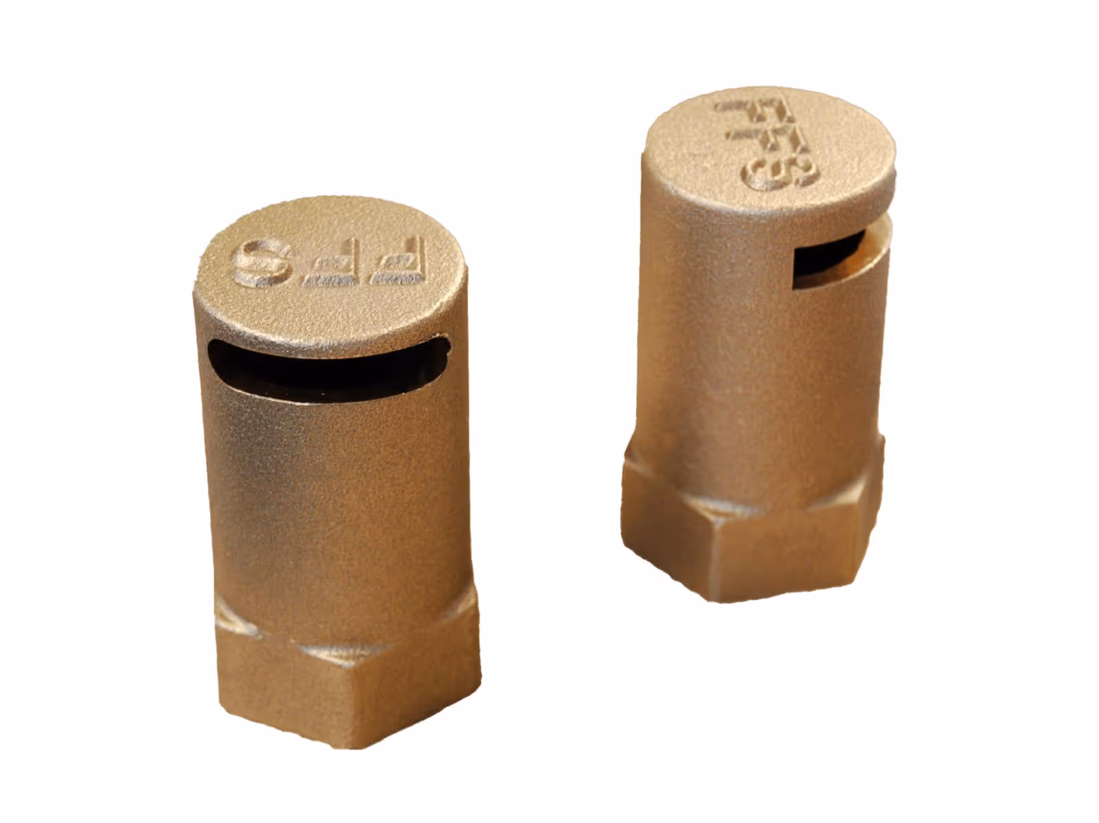 Two brass pneumatic exhaust mufflers with slotted openings on top and hexagonal bases.