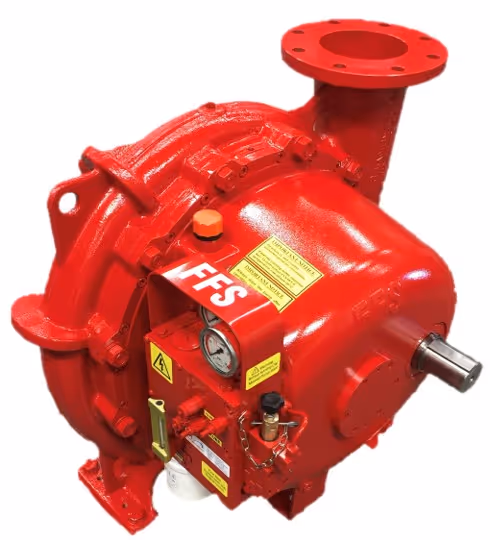 Red industrial pump with gauges and labeled FFS on the housing.