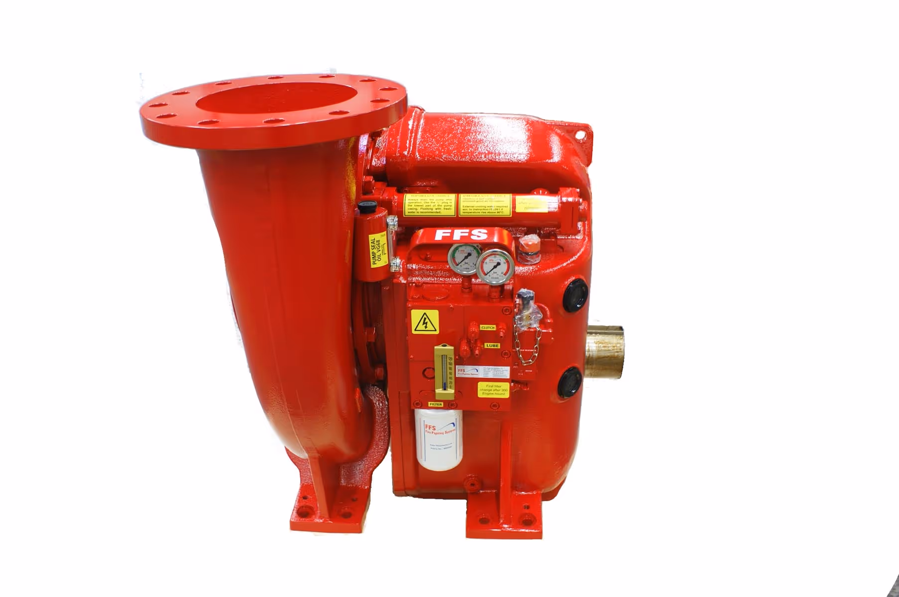 Industrial red fire pump with gauges, labels, and pipe flange on a white background.