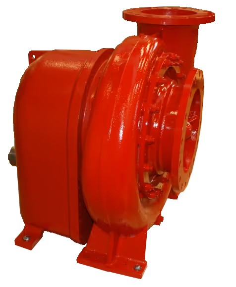 Red industrial centrifugal pump with flanged inlet and outlet connections.