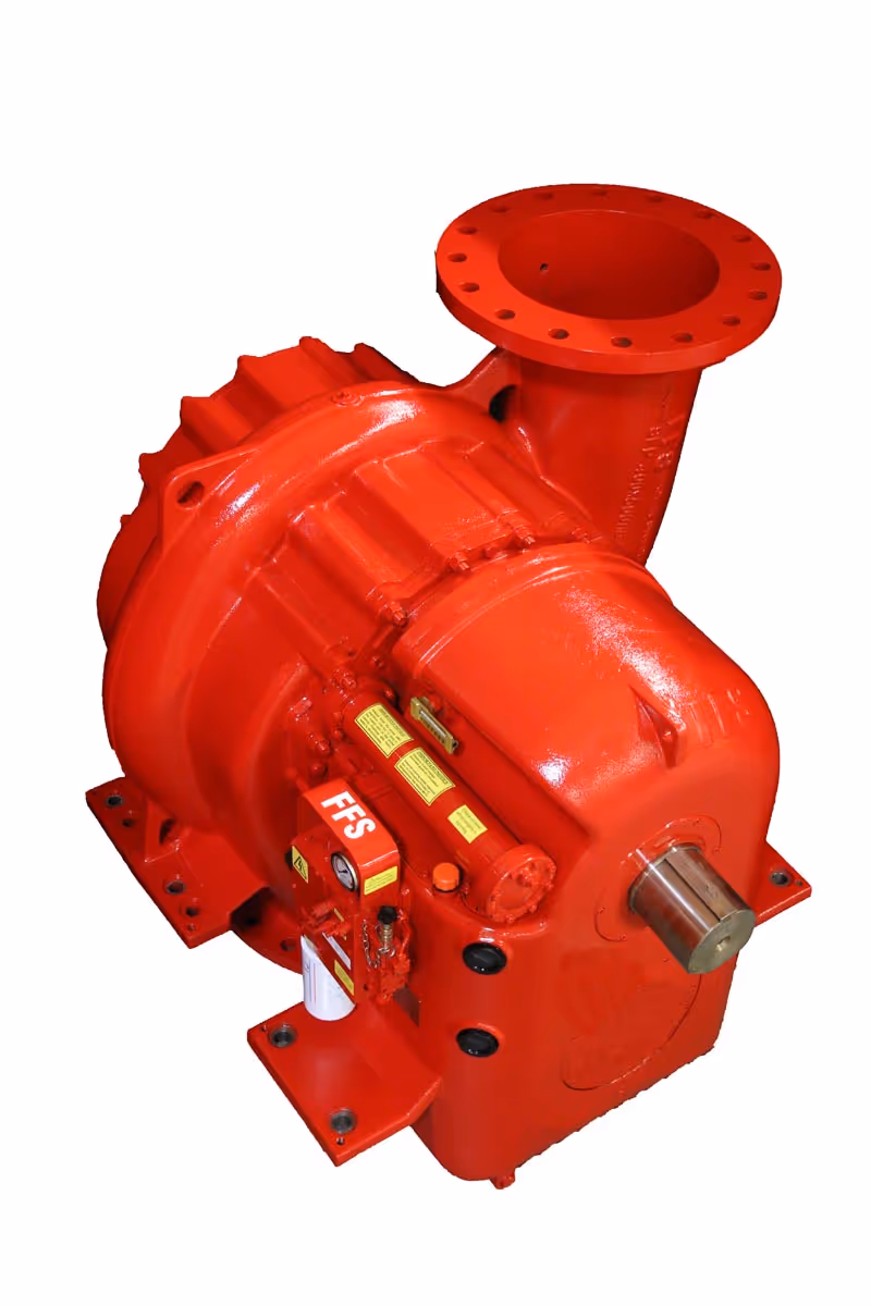 Red industrial centrifugal pump with a flanged outlet and visible control components.