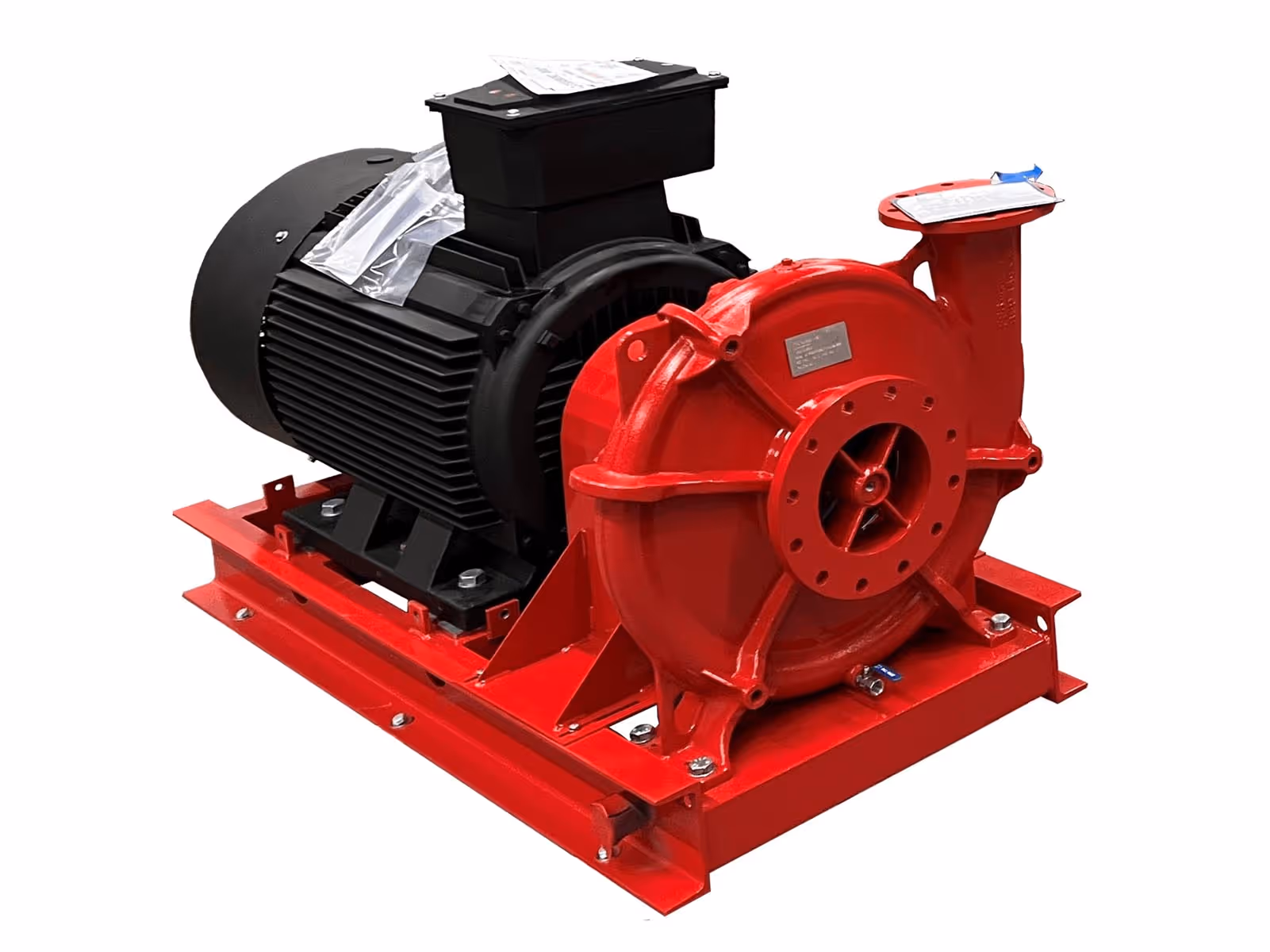 Red industrial centrifugal pump with a black electric motor mounted on a red base frame.
