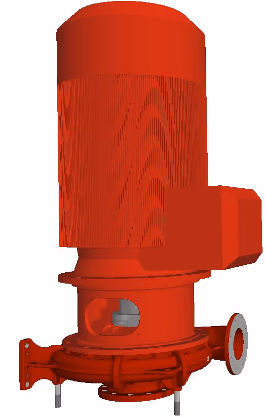 Red industrial vertical pump with motor and flange connections.