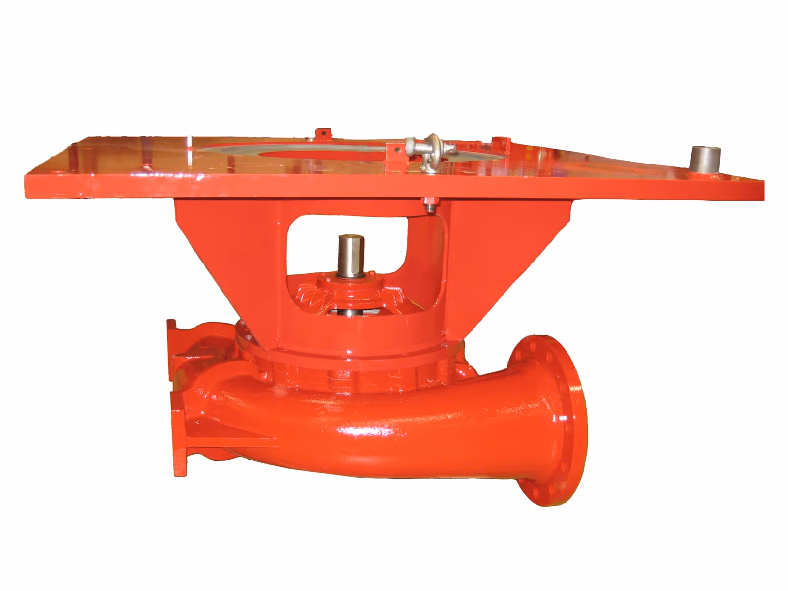 Industrial red metal valve component with a flat top plate and cylindrical pipe base.