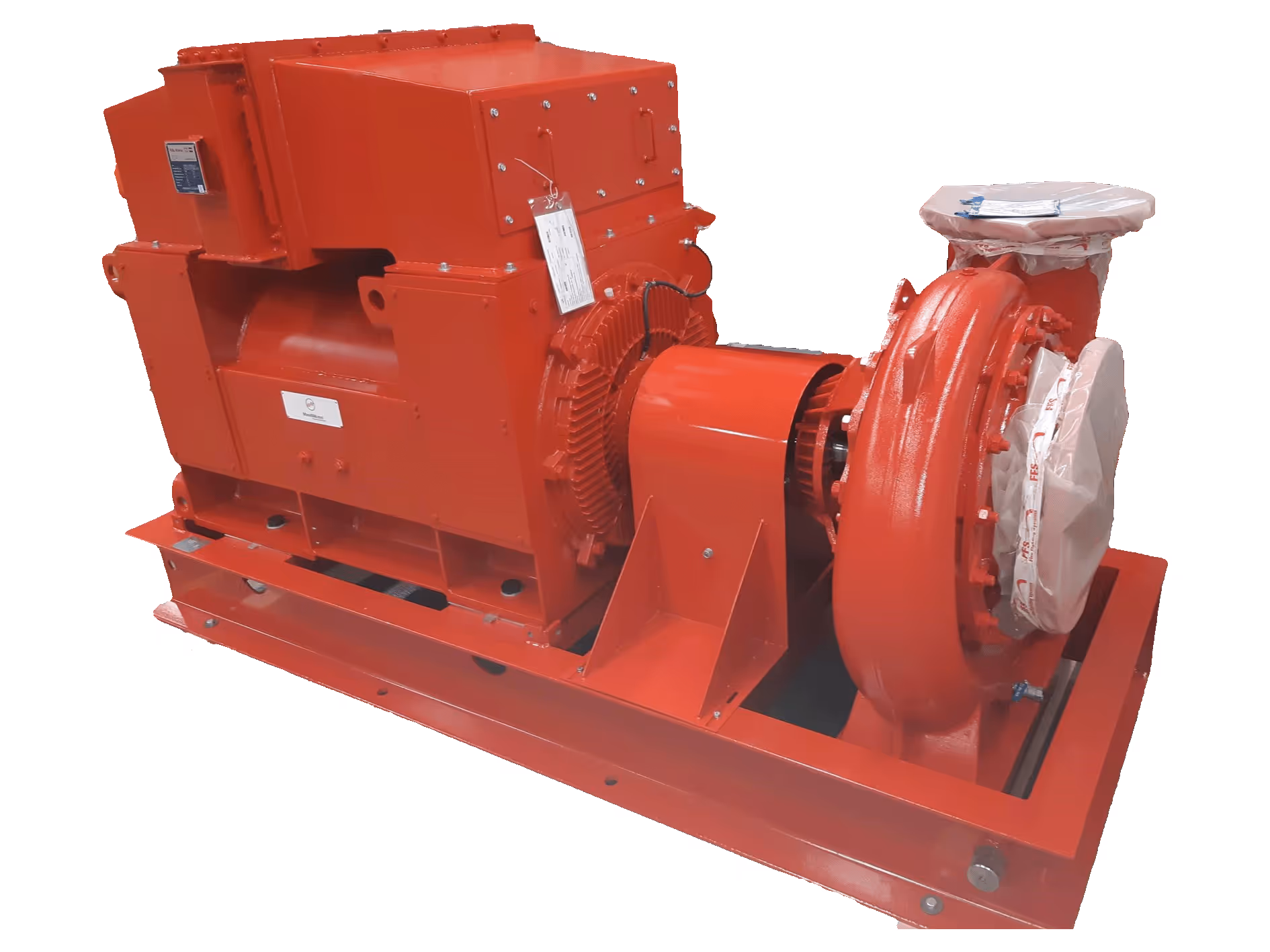 Large industrial red pump system mounted on a metal base with covered inlet and outlet ports.
