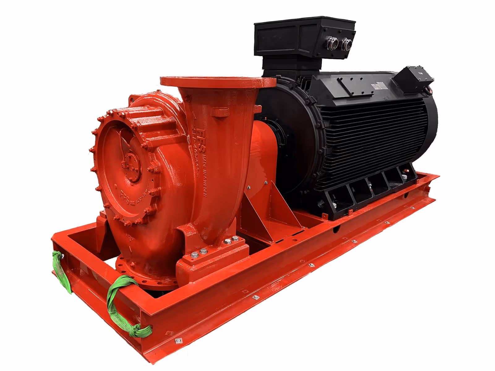 Industrial red pump connected to a large black electric motor on a red metal base.