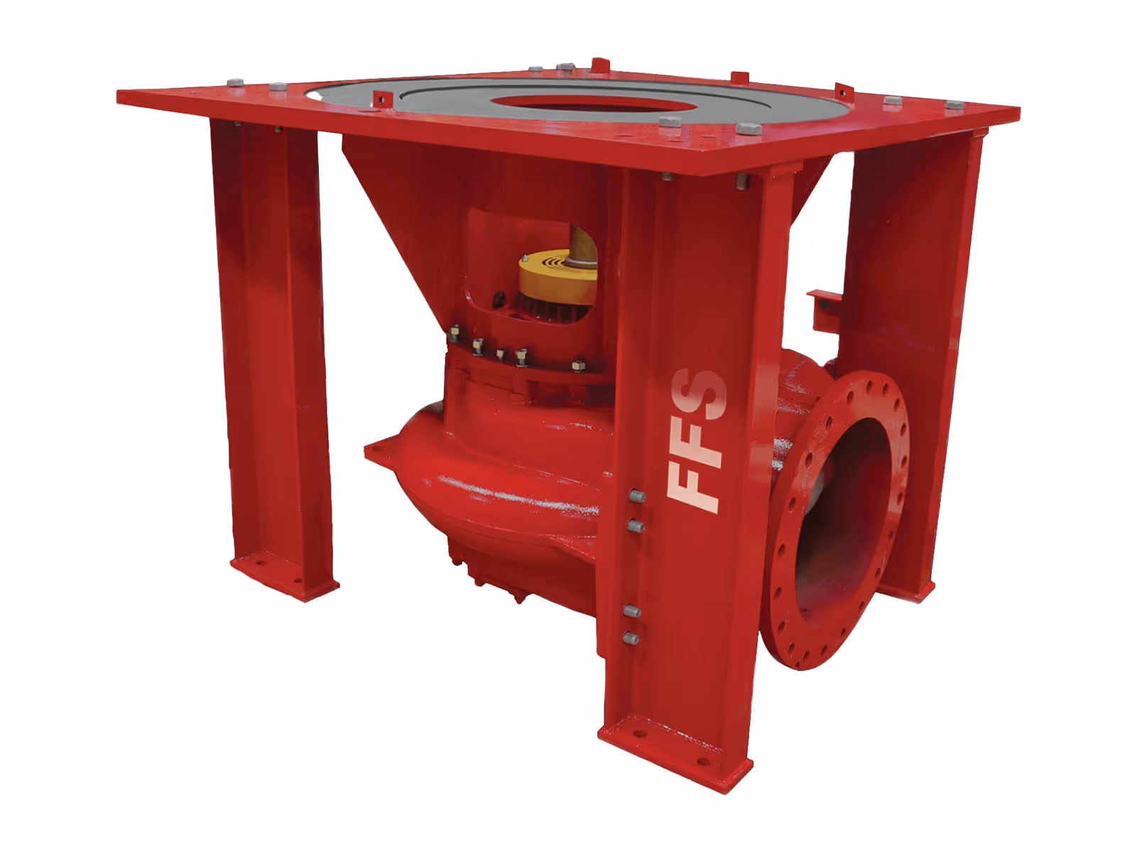 Red industrial pump housing with 'FFS' label and large flanged pipe connection.