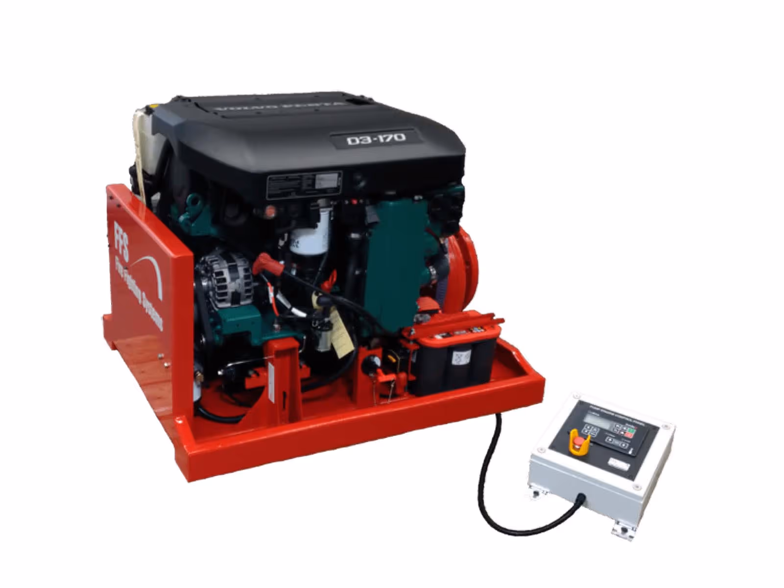 Industrial engine mounted on a red base with an attached control panel connected by a black cable.