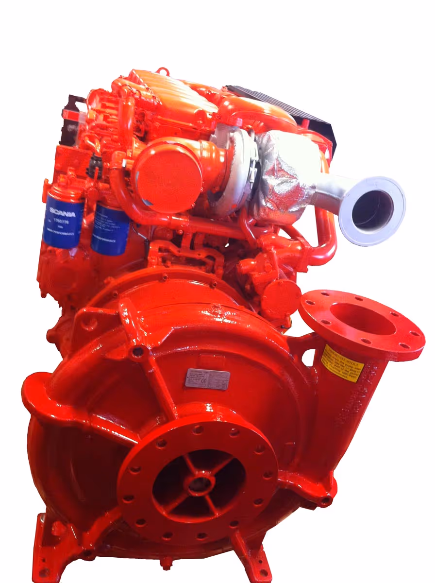 Red industrial water pump with attached engine and visible inlet and outlet flanges.