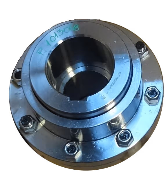 Close-up of a shiny metal mechanical coupling with bolts and a hollow center.