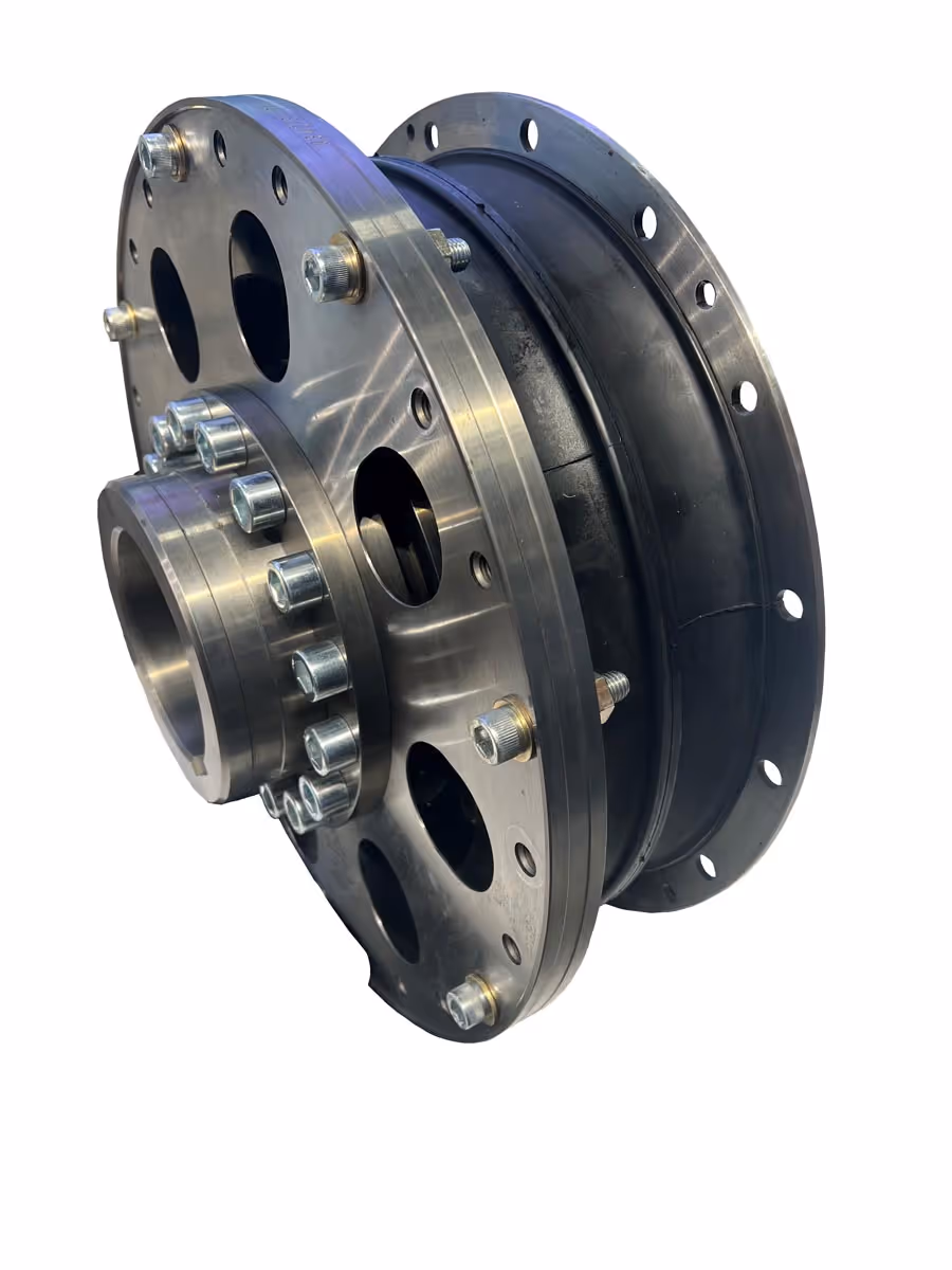 Metal and rubber mechanical coupling device with multiple bolts and circular holes on a white background.