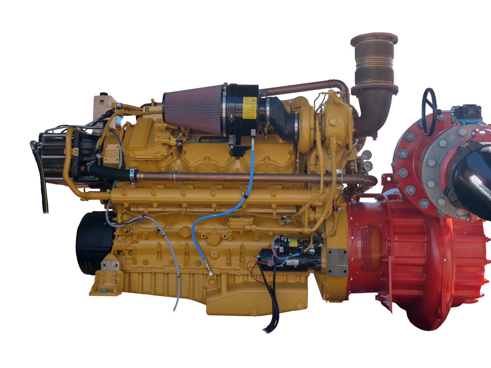 Yellow industrial engine with attached red pump and pipes on a white background.