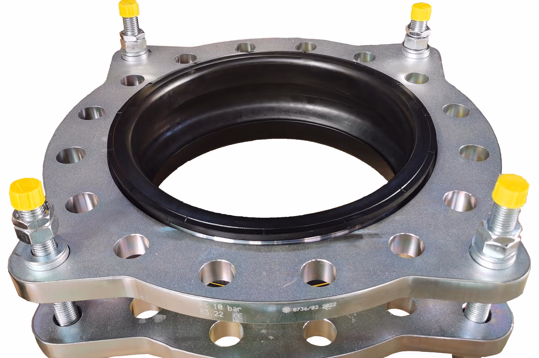 Metal flange assembly with black rubber gasket and four bolts capped with yellow caps.