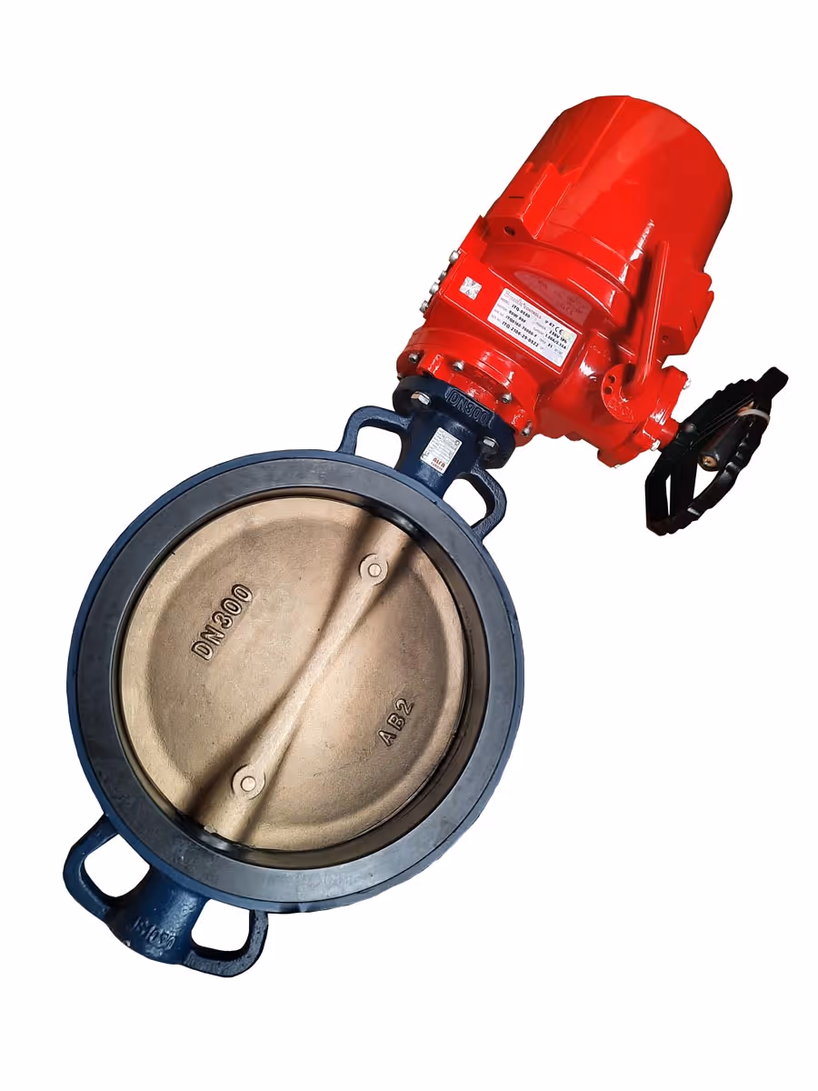 Industrial butterfly valve with a bronze disc and a red electric actuator on a white background.