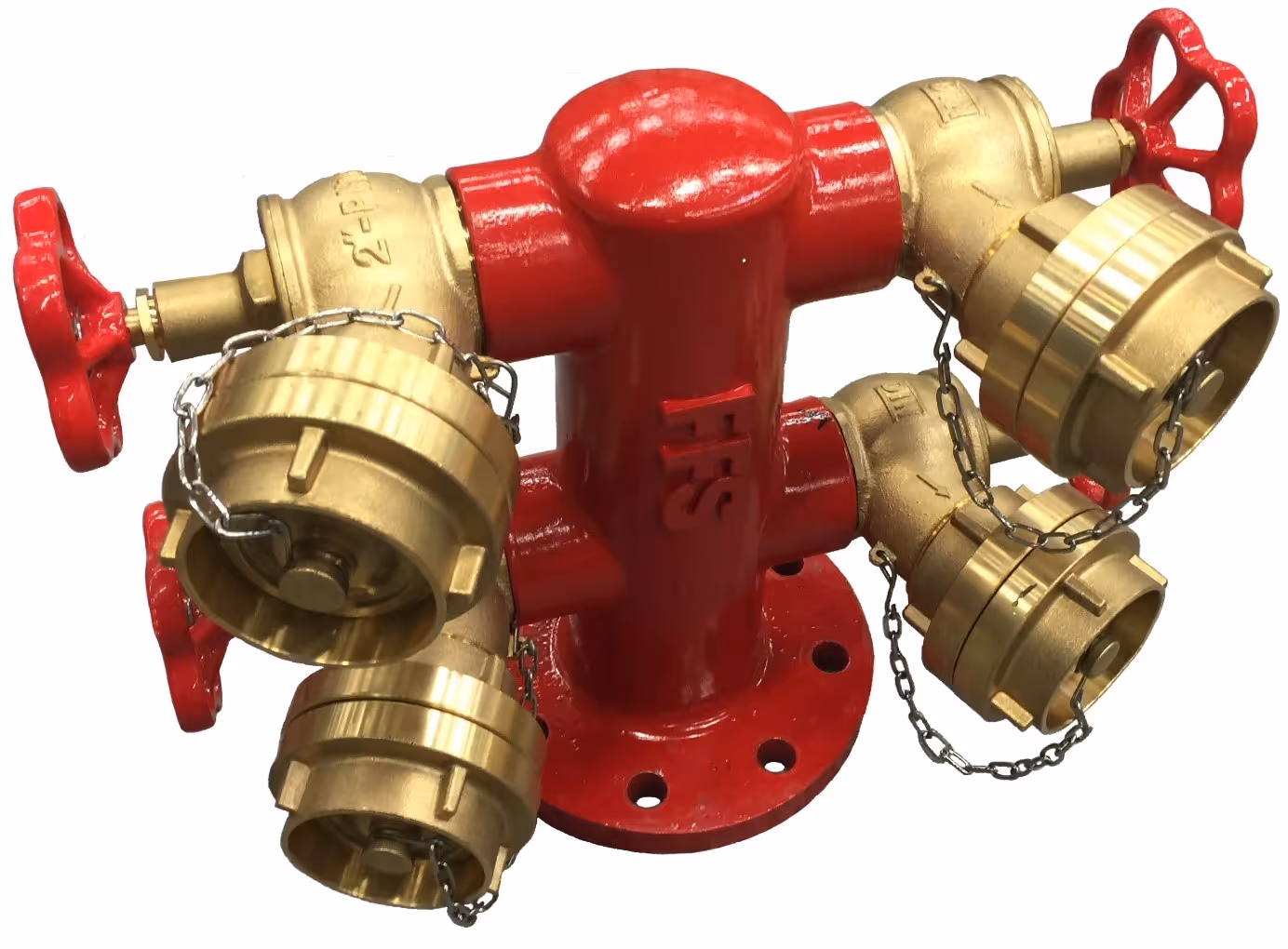 Red fire department hydrant with four brass connectors and red valve handles.