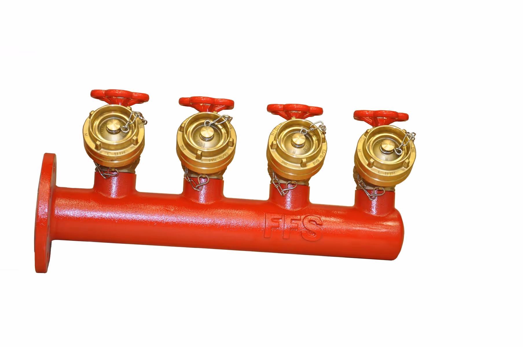 Red fire hose manifold with four brass valves and red wheel handles, marked FFS.