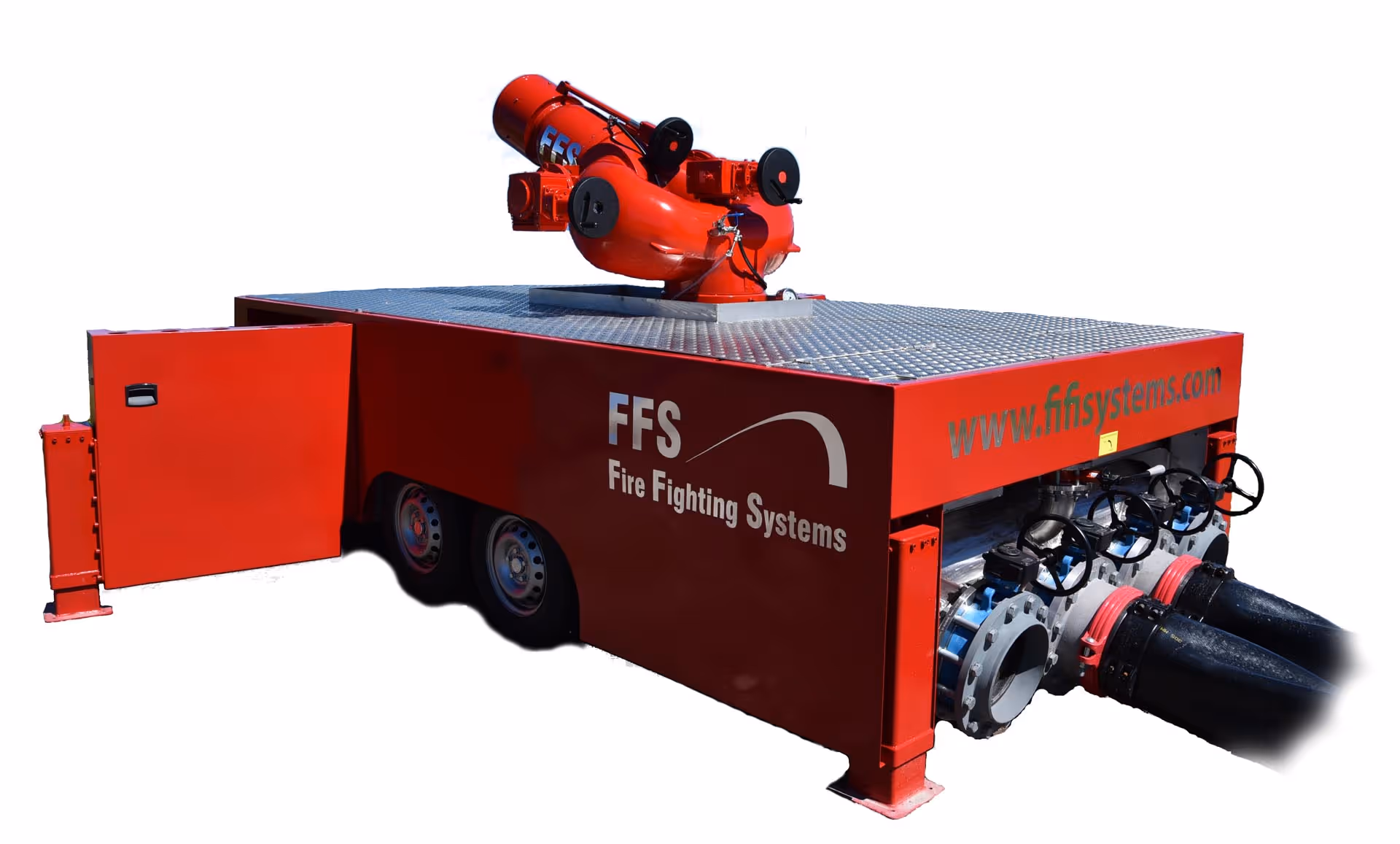 Red fire fighting system vehicle with mounted water cannon and visible hose connections.