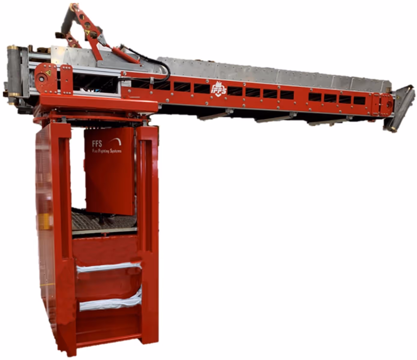 Red industrial Hose Recovery Unit with a long horizontal arm and FFS Pascal Systems branding.