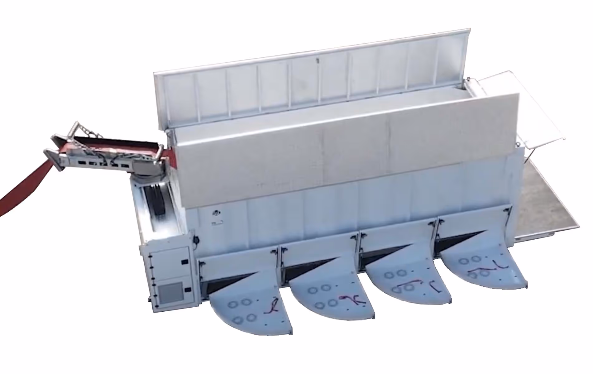 Industrial machine with four curved metal scoops and an extended side platform, used for processing or handling materials.