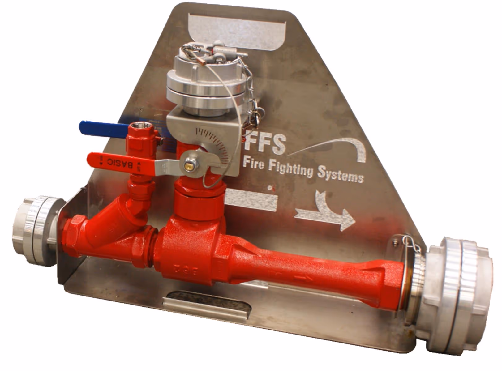 Red fire fighting water flow control assembly mounted on a metal plate labeled 'FFS Fire Fighting Systems' with hose connectors on each end.