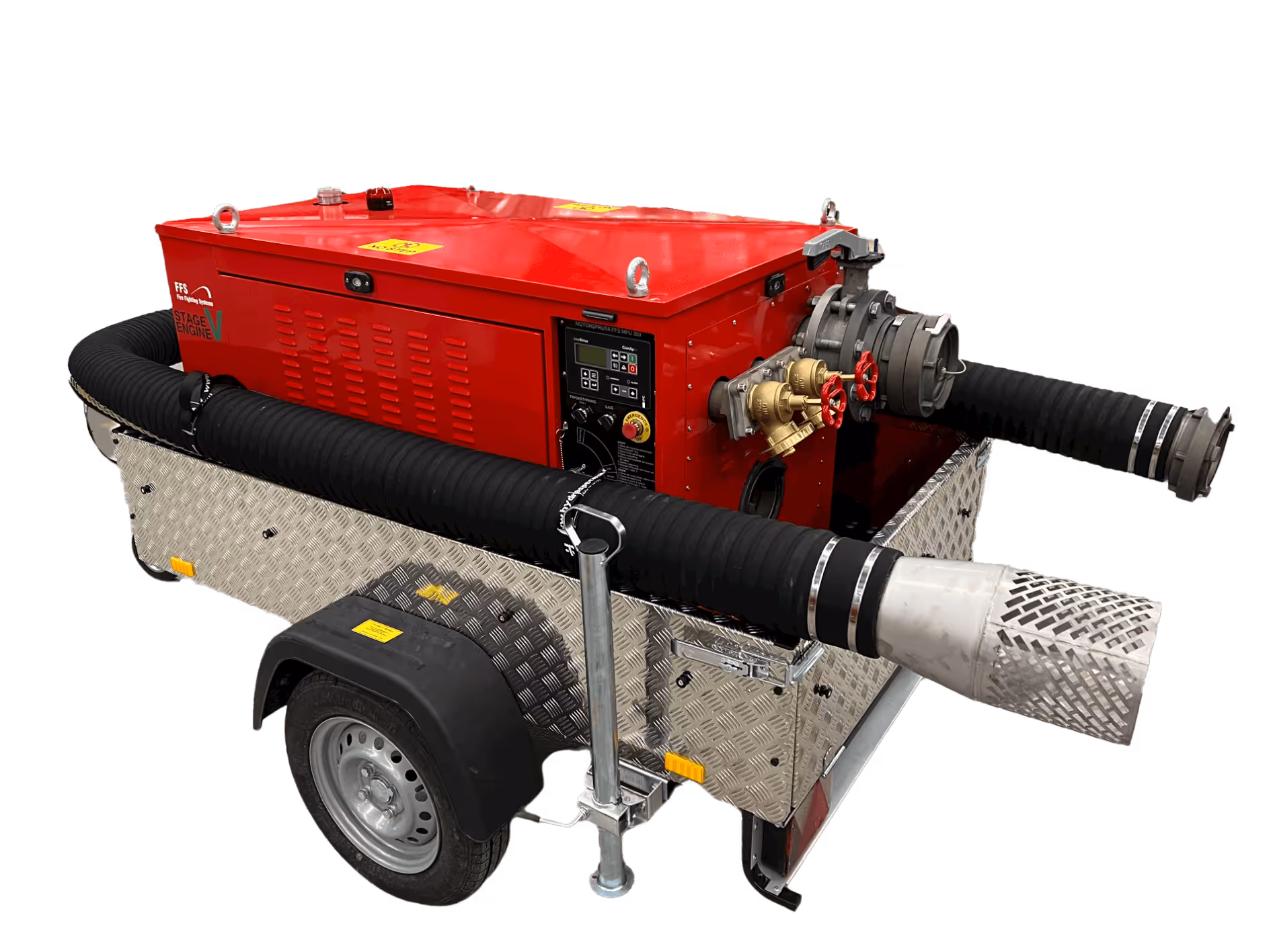 Compact red industrial water pump mounted on a silver trailer with black hoses attached.