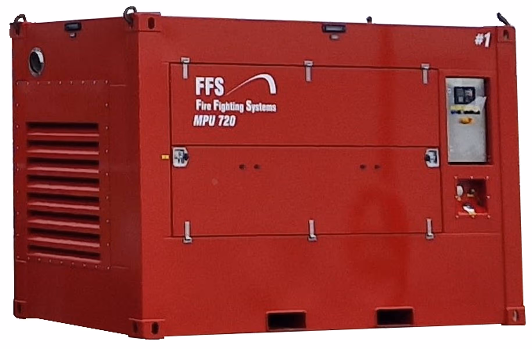 Large red industrial unit labeled FFS Fire Fighting Systems MPU 720 with vents and control panel.
