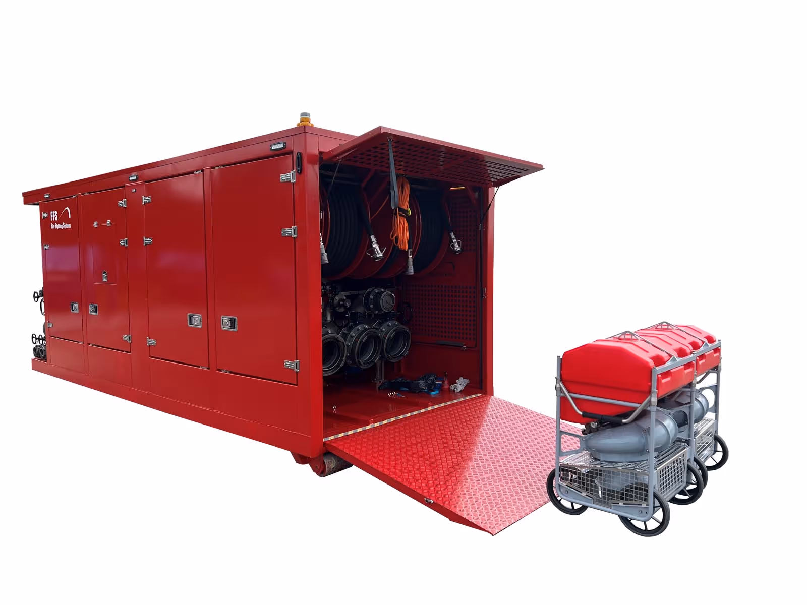 Large red fire fighting equipment container with open doors revealing hoses and valves, next to a cart with red water tanks and wheels.