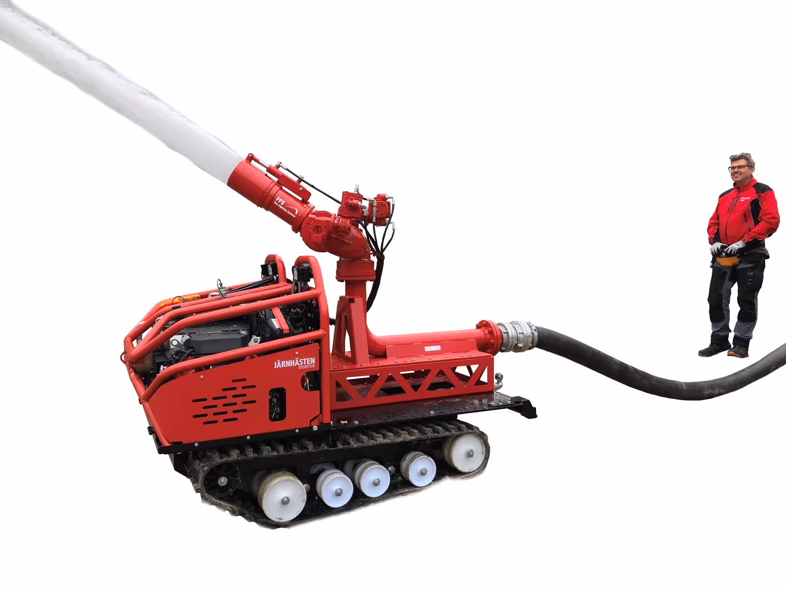 Red tracked firefighting robot spraying water, with a person in red jacket controlling it remotely.