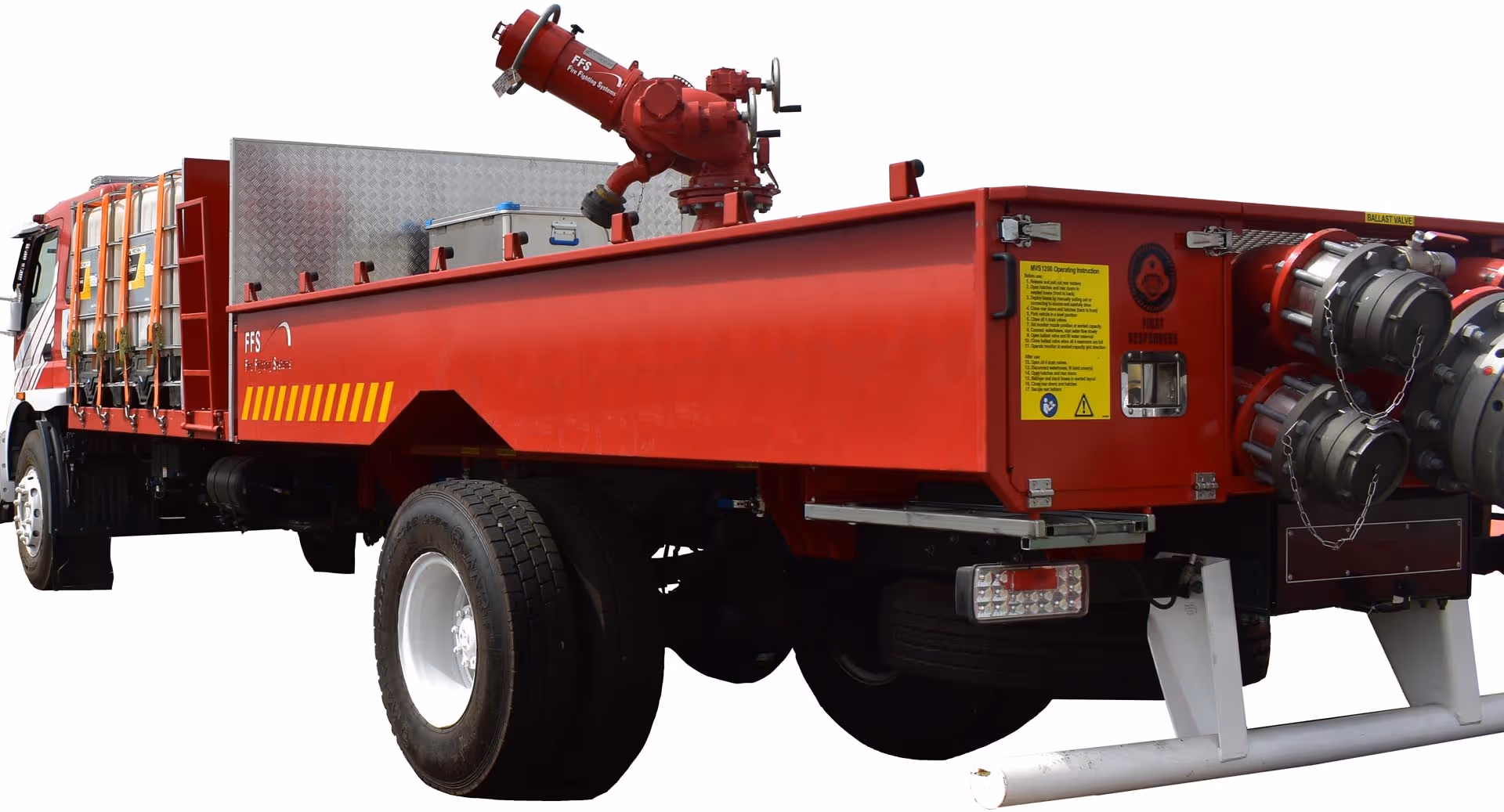 Red fire water tender truck with hose connections and mounted water cannon isolated on white.