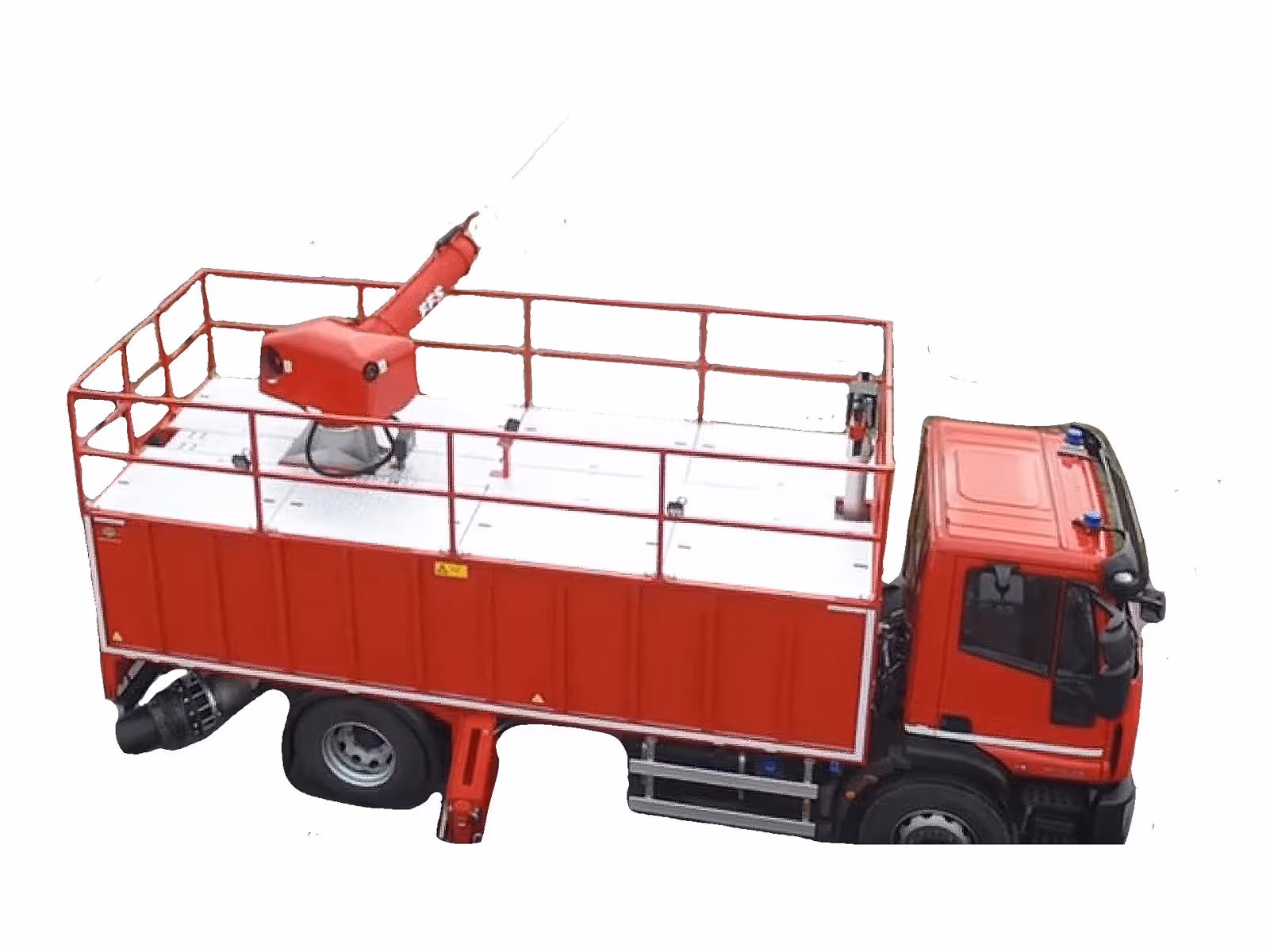 Red emergency response truck with a mounted water cannon on the back platform enclosed by red railings.