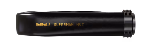 Black rectangular object with yellow text reading 'MANDALS SUPERMAN HUT' on its side.