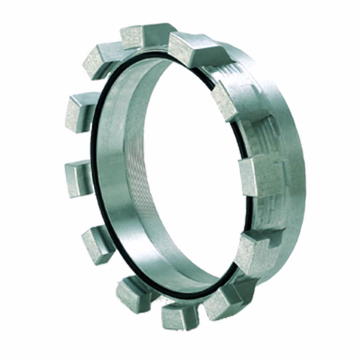 Metal coupling ring with multiple protruding lugs evenly spaced around its outer edge.