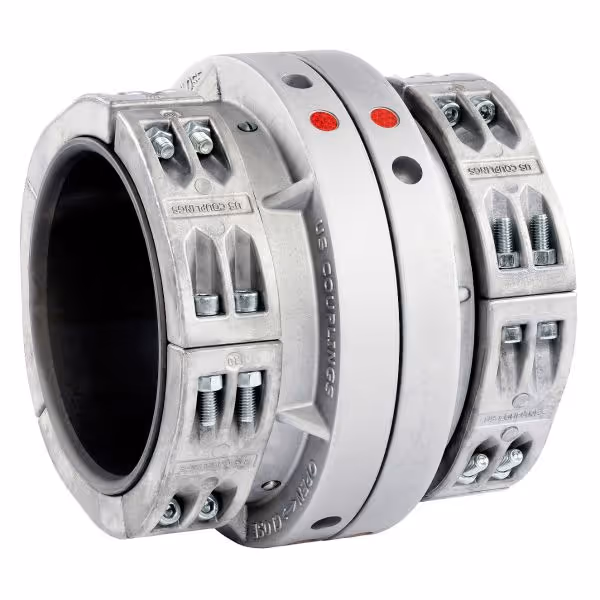 Metal Storz coupling clamp used for securing pipes with bolts and rubber gasket.