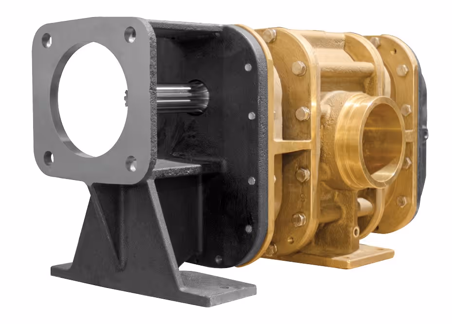 Industrial rotary vane pump with black mounting base and golden main body.