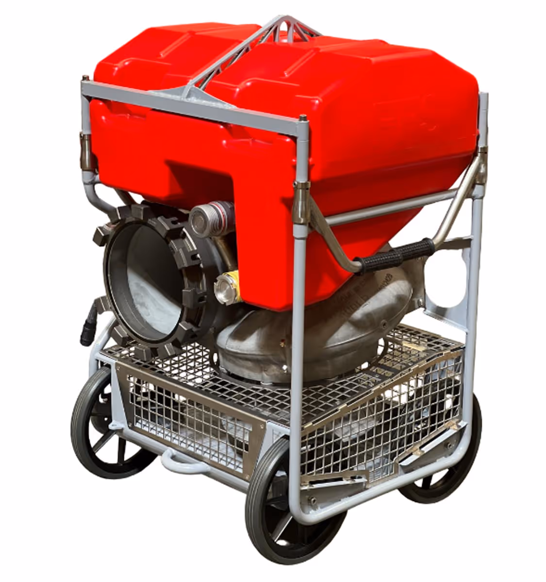 Red industrial pump mounted on a metal frame with large black wheels.
