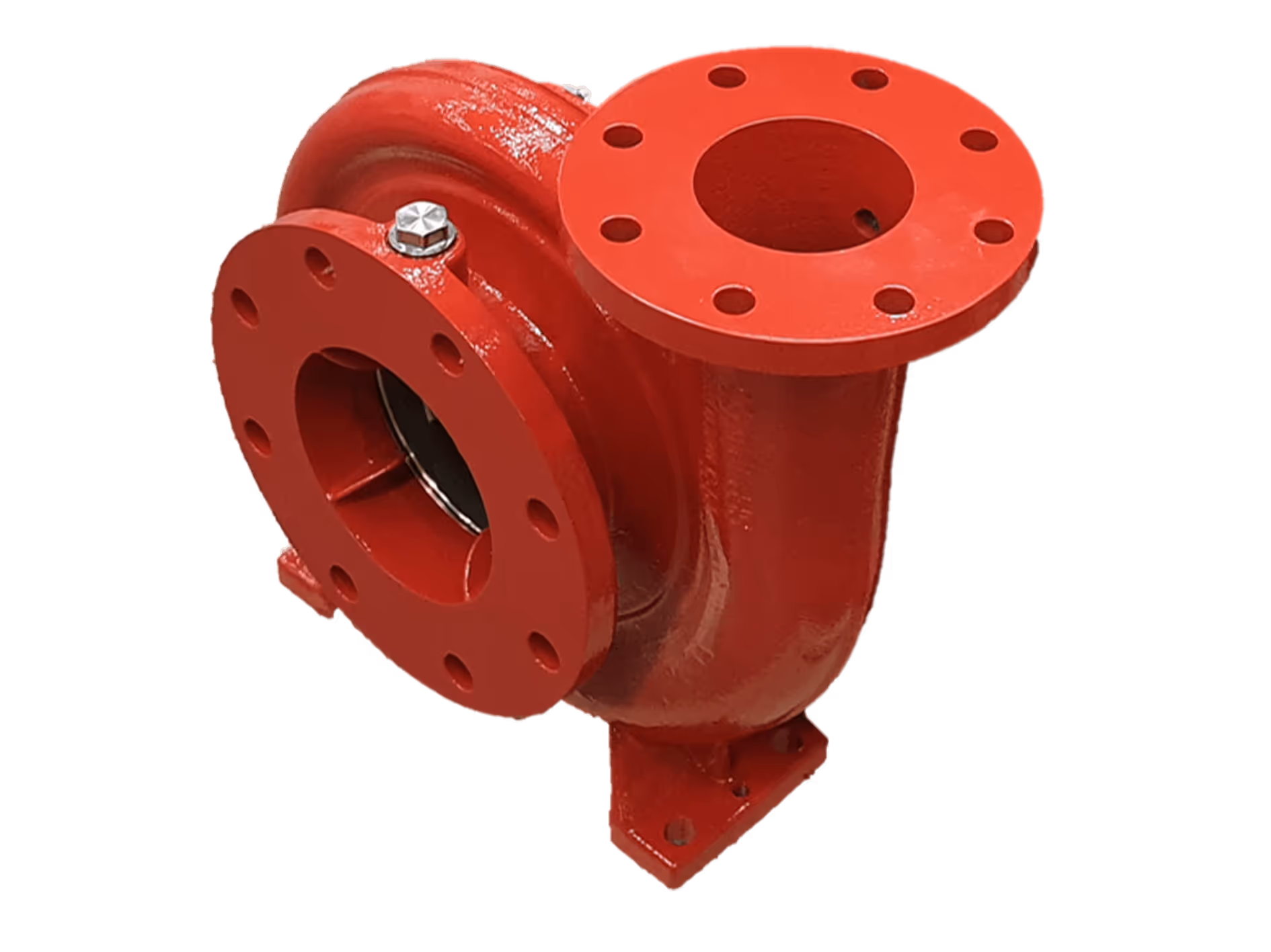 Red cast iron pump casing with flange connections and mounting base.