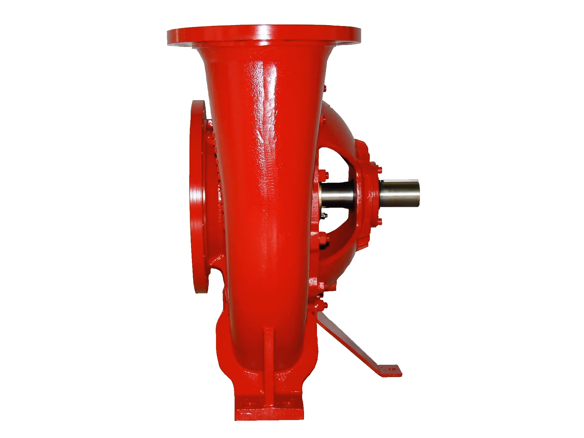 Red industrial centrifugal pump casing with visible shaft and mounting bracket.