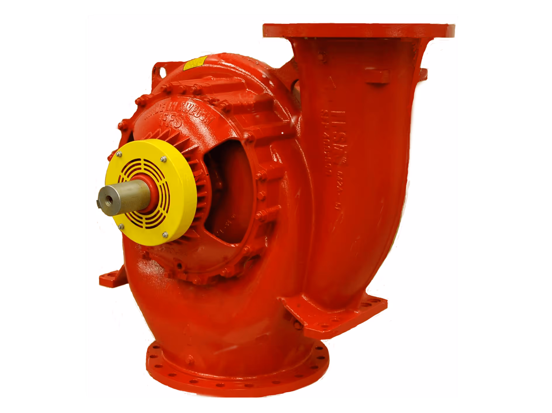 Red industrial centrifugal pump with a yellow protective cover around the shaft.