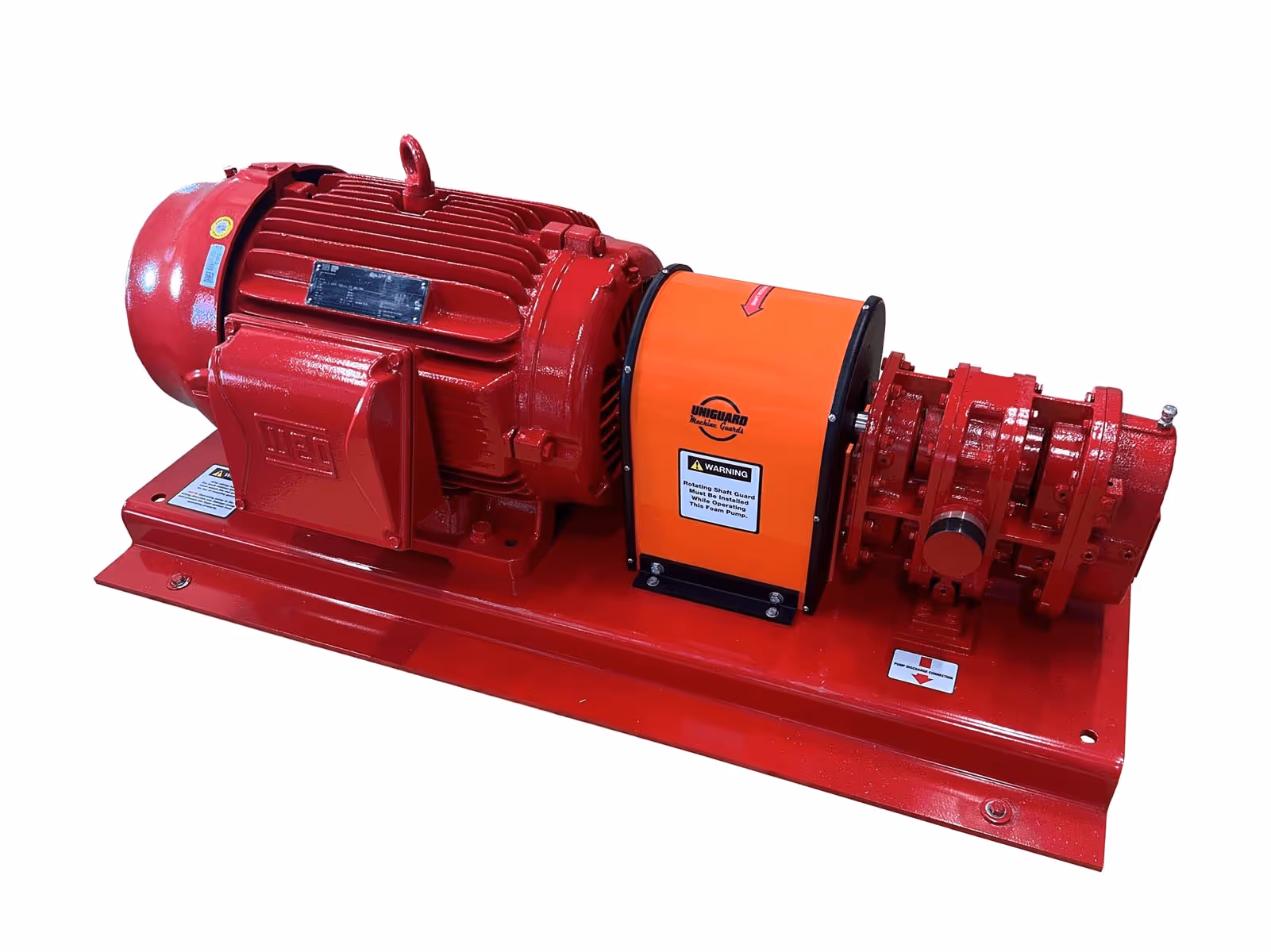 Red industrial electric motor connected to a red pump with an orange safety guard on a red metal base.