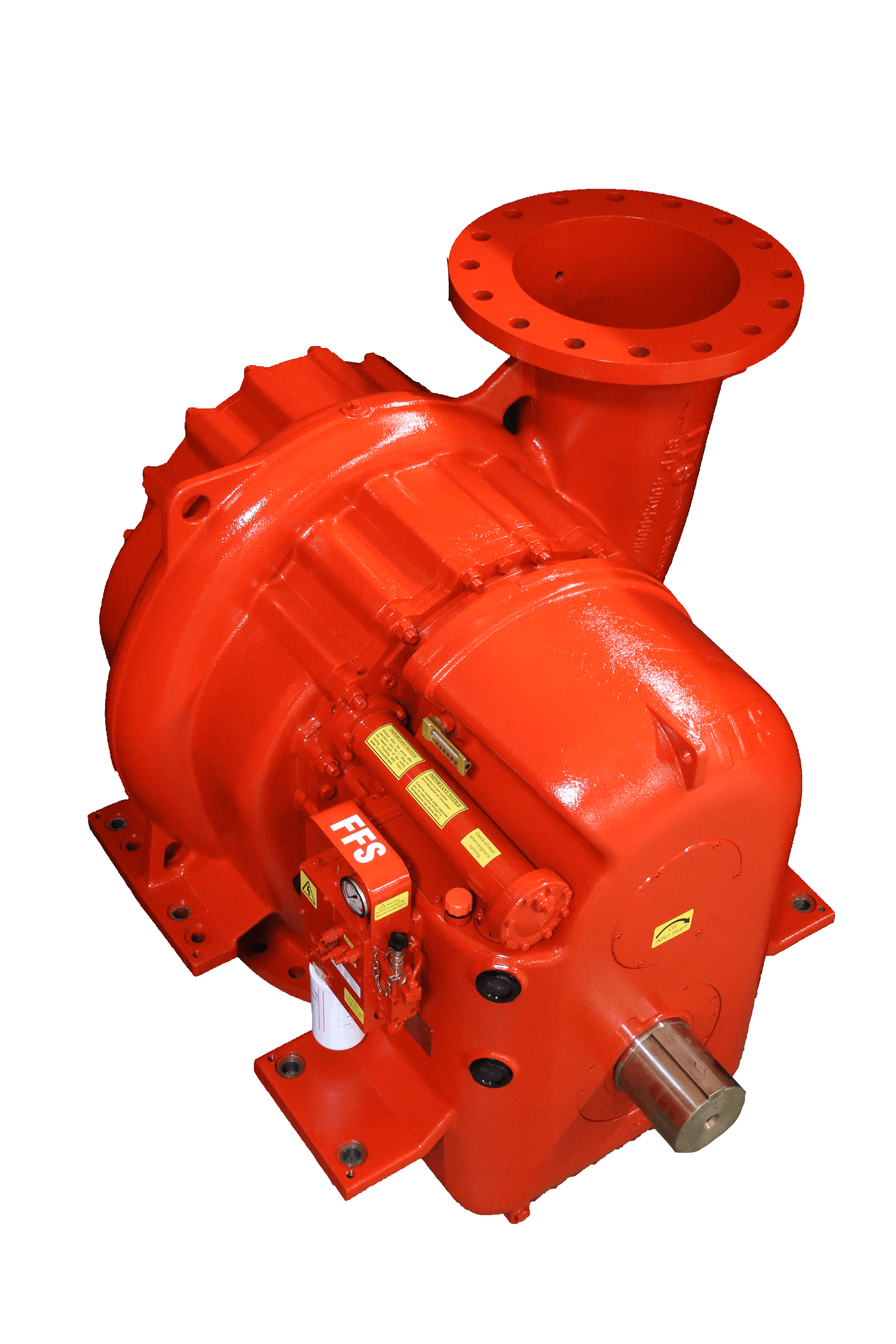 Red industrial pump with multiple mounting points and a large open flanged pipe connection.