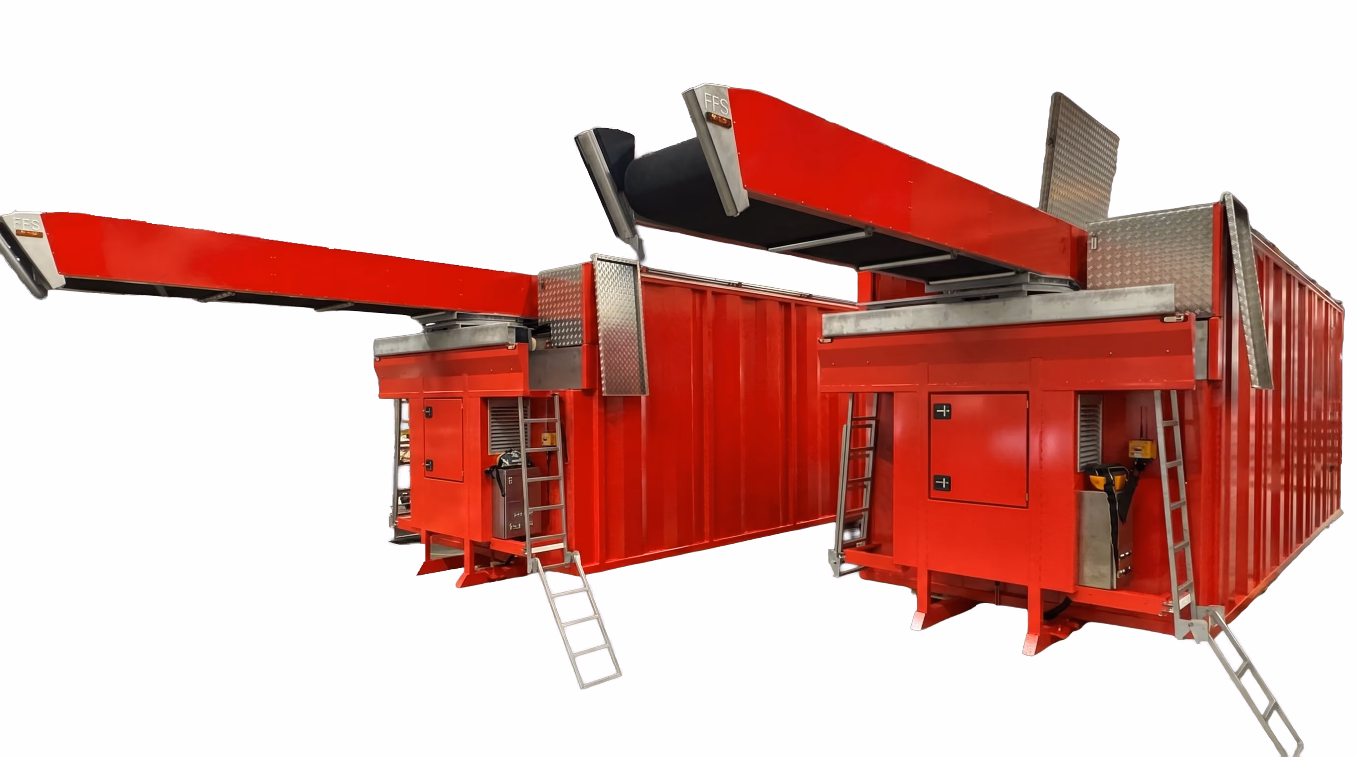 Two large red industrial machines with extended conveyor belts and attached ladders on a white background.