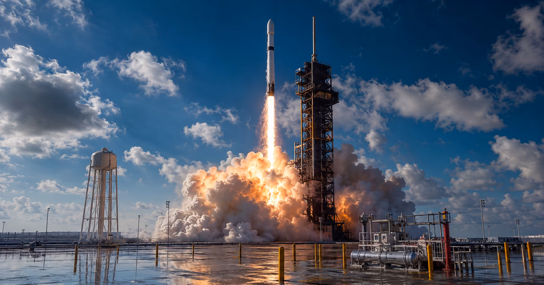 Rocket lifting off from a launch pad with bright flames and thick smoke under a blue sky with clouds.