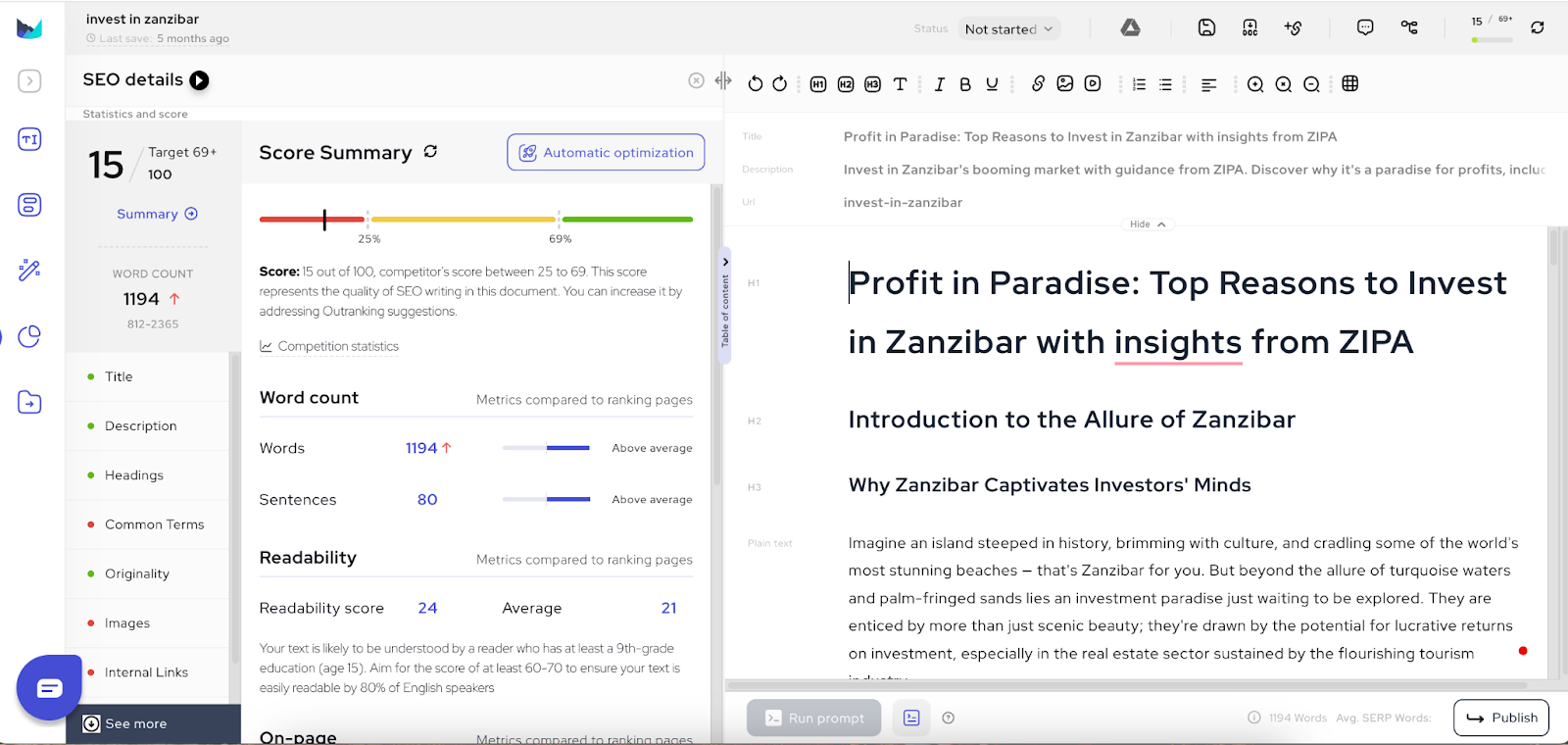 Screenshot of Outranking.io's workflow, an ai tool for content creation that has a dashboard with SEO details like word count, readability, and common terms