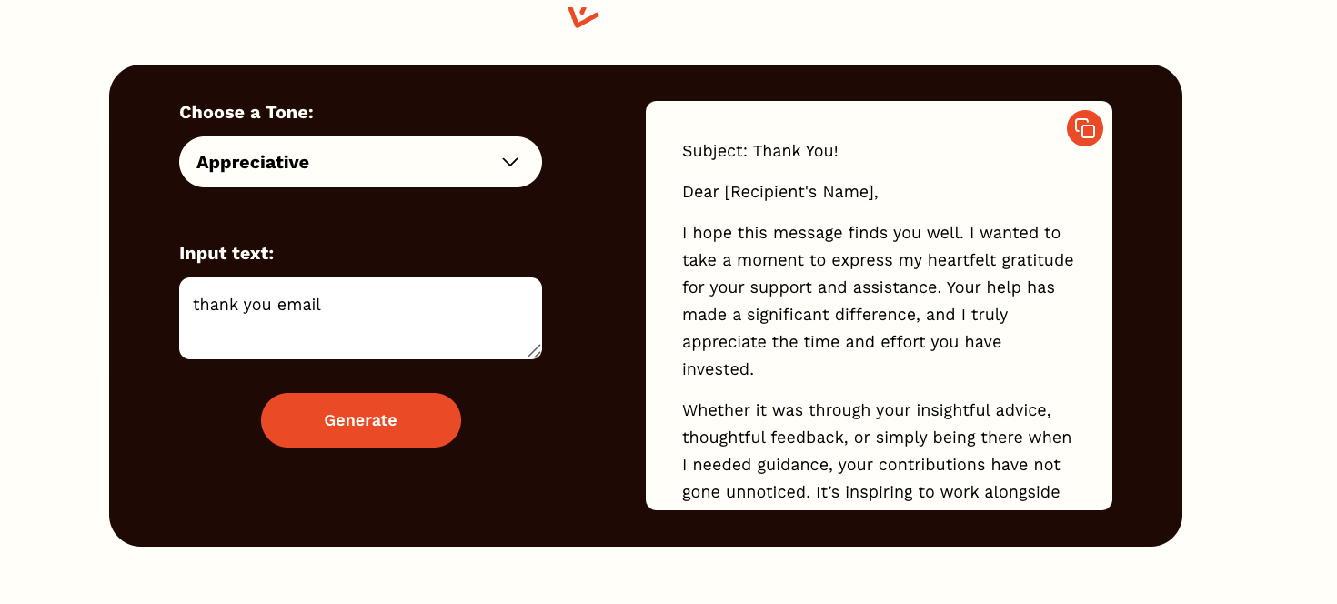 screenshot of Rytr's tone-defining email sampler for content creation