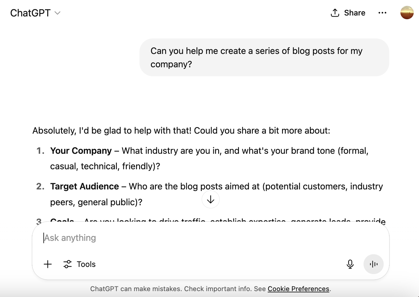 Screenshot of chatGPT's interface answering a prompt for an email series for a company with clarifying questions on target audience and more