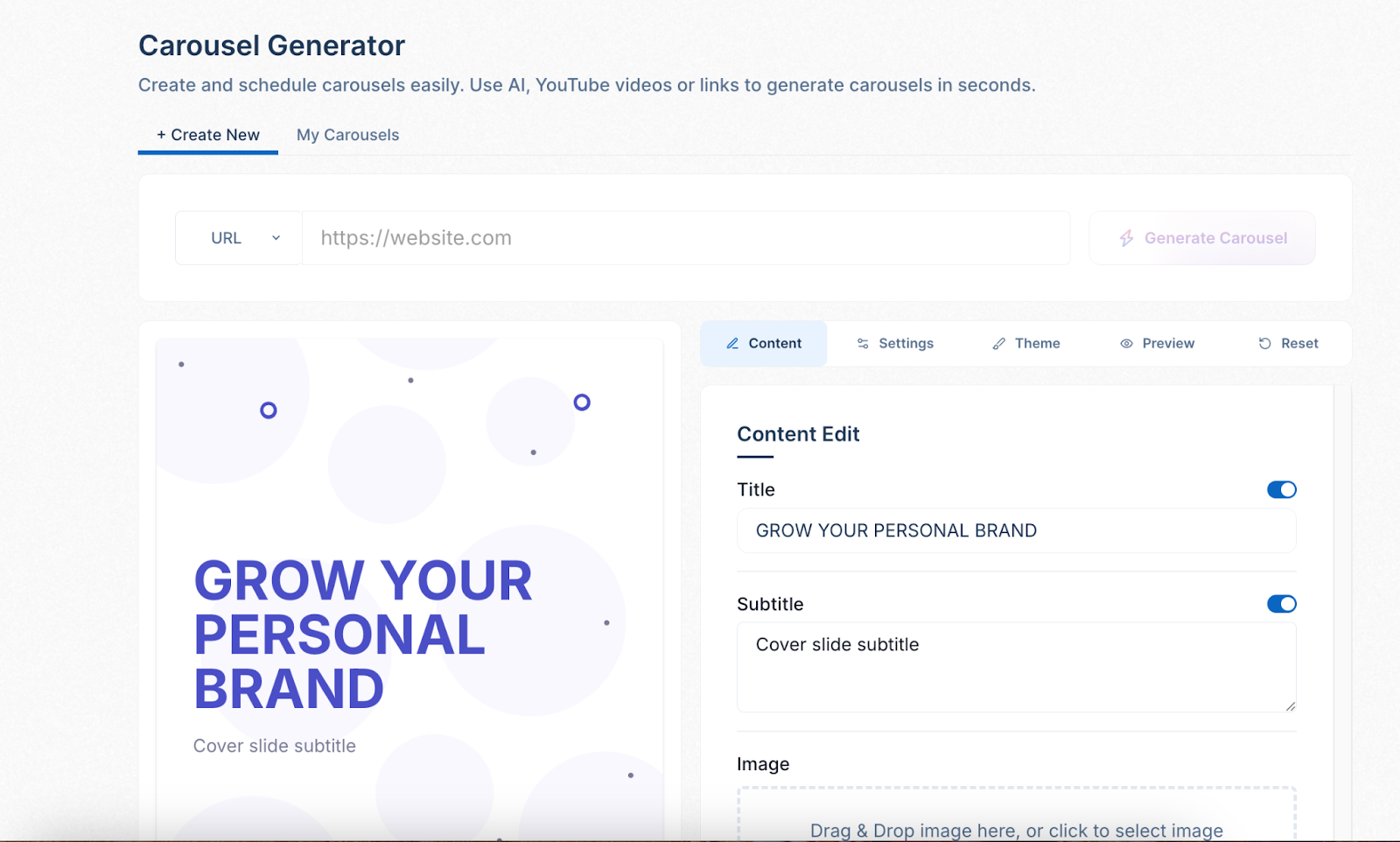 Screenshot of a carousel generator by taplio, an ai tool for content creation, featuring titles, subtitles, and images to grow a personal brand