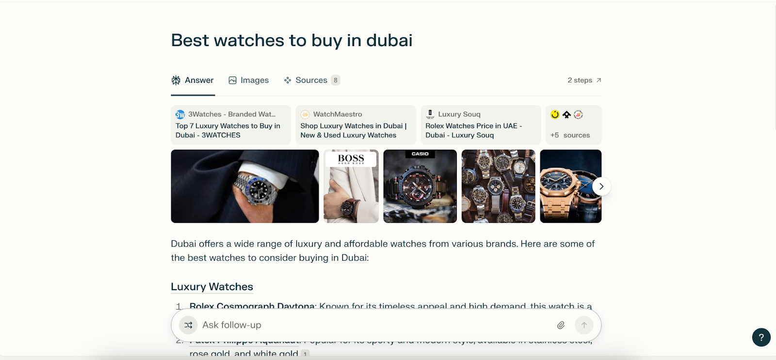 screenshot of research provided by perplexity.ai when searching for "best watches to buy in Dubai" showing images, high-ranking responses, and examples like a Rolex