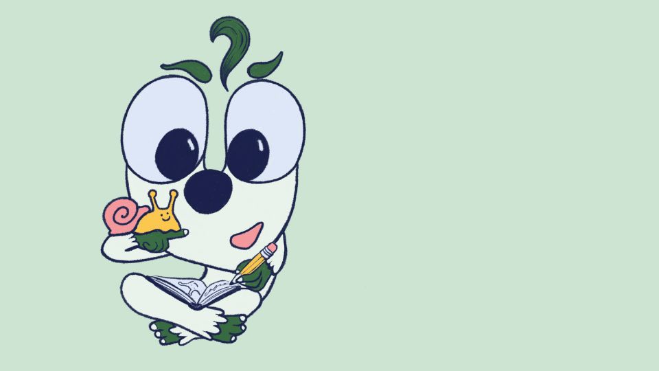 A dslx monster sat cross legged, happily playing with a snail.